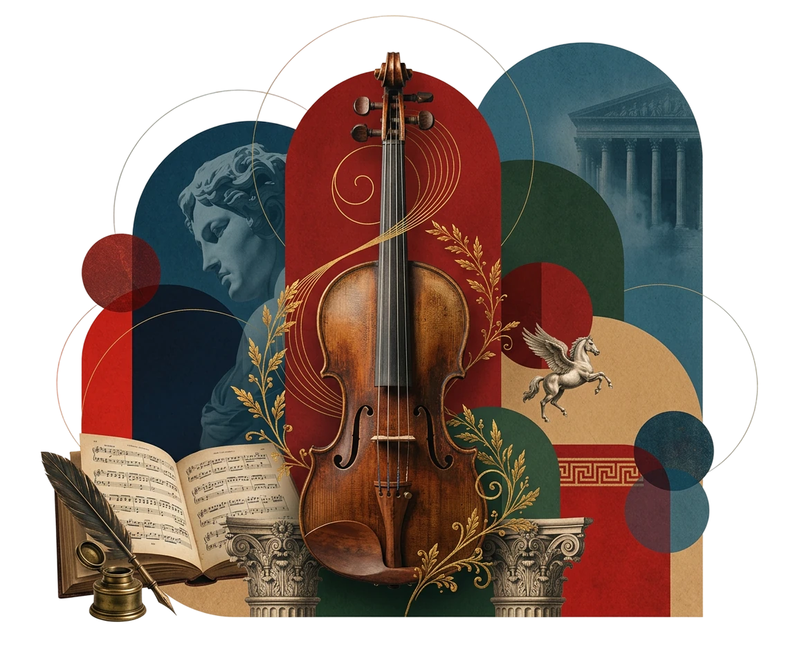 Collage: a violin, a classical sculpture, sheet music and architectural motifs
