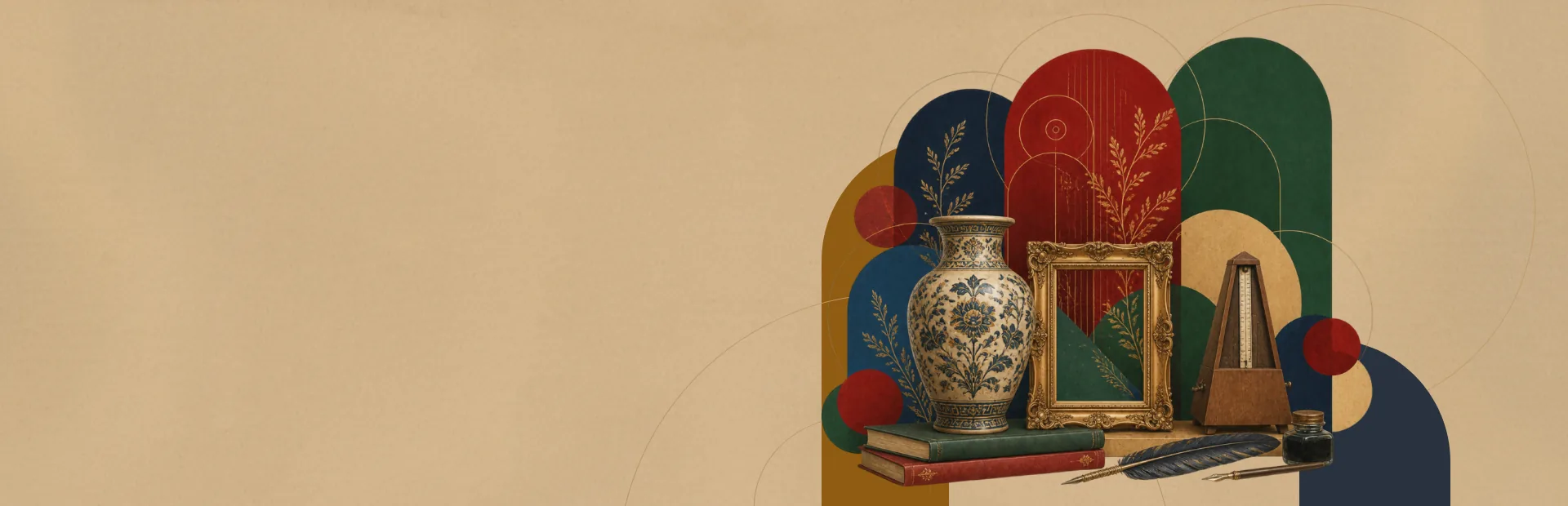 Коллаж из фарфоровой вазы, золочёной рамы, метронома, книг и перьев — символы Форума объединенных культур