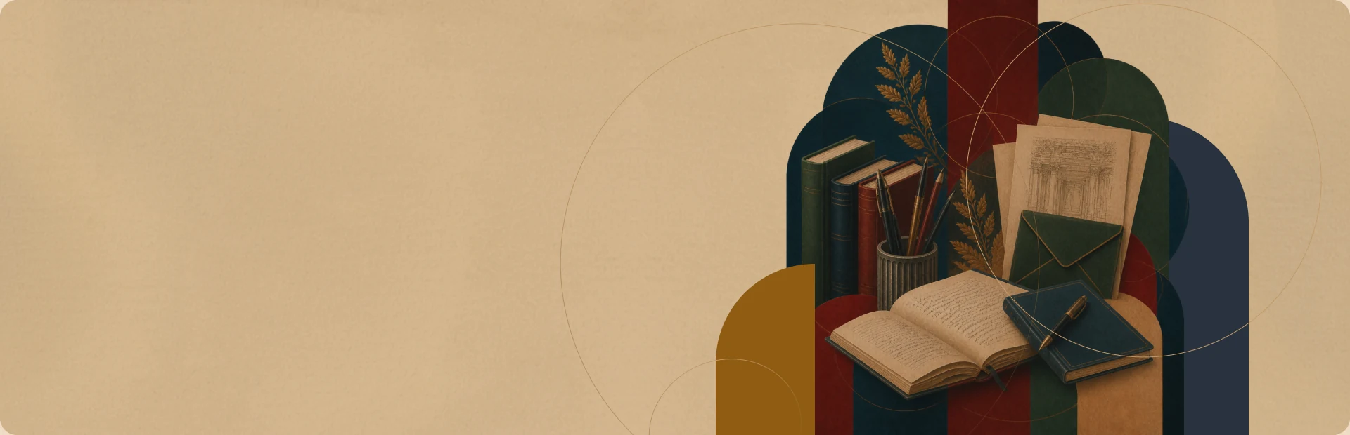 Коллаж из книг, писем и перьевых ручек на фоне арок — символы Форума объединенных культур